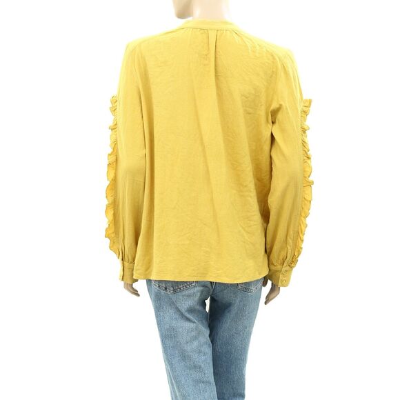 BA&SH Ochre Solid Buttondown Blouse Shirt Top Cotton Ruffle Yellow L NEW 251373 - Picture 5 of 7